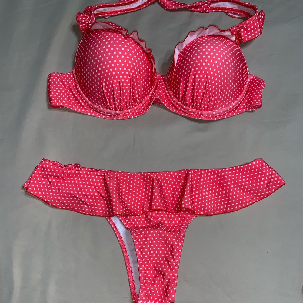 Super cute pink and white ruffled polka dot bikini